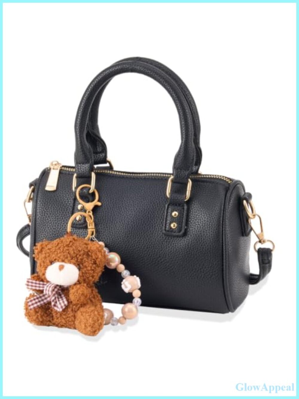 Mini PU Leather Boston Bag with Bear Charm Top Handle Satchel Crossbody